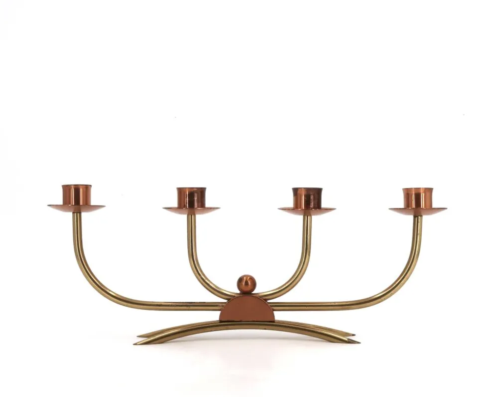 Bougeoir Scandinave à quatre branches en cuivre et laiton, années 50