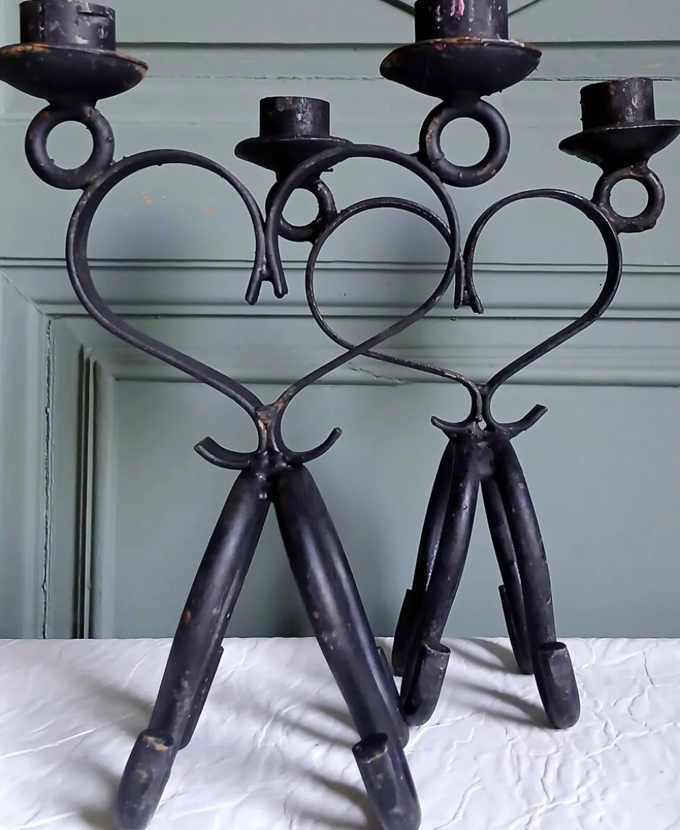 2 bougeoirs doubles brutalistes en fer forgé main. Folk art 1960