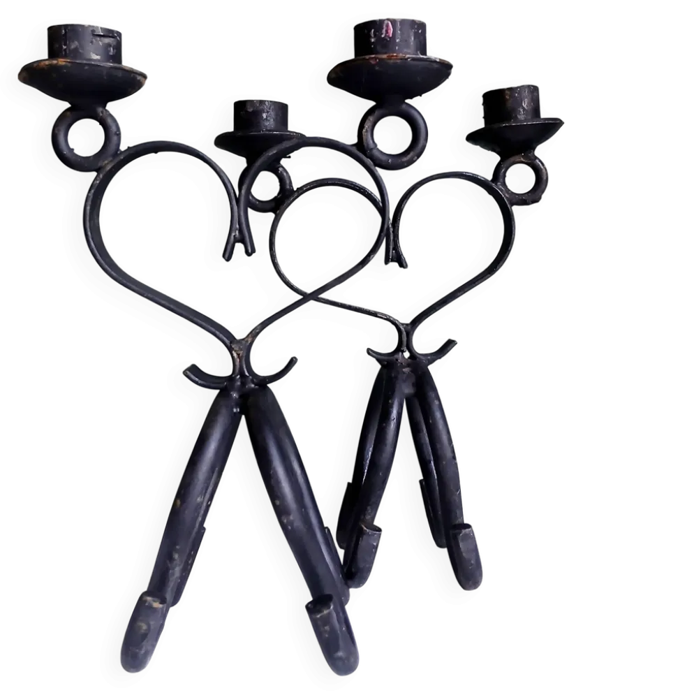 2 bougeoirs doubles brutalistes en fer forgé main. Folk art 1960