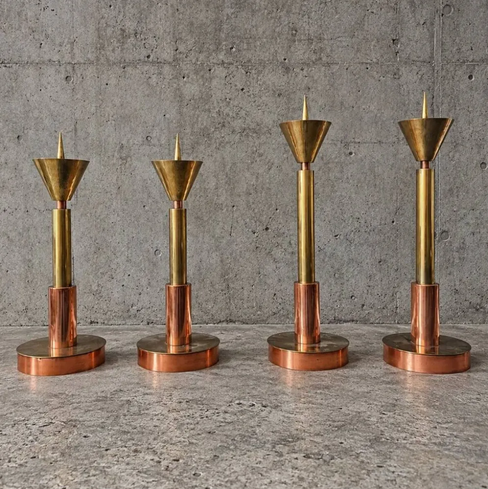 4 bougeoirs postmodernes cuivre et laiton, années 1970