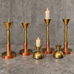4 bougeoirs postmodernes cuivre et laiton, années 1970