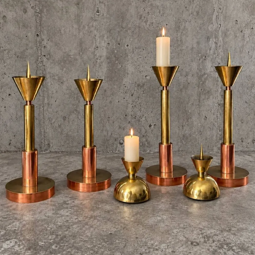 4 bougeoirs postmodernes cuivre et laiton, années 1970