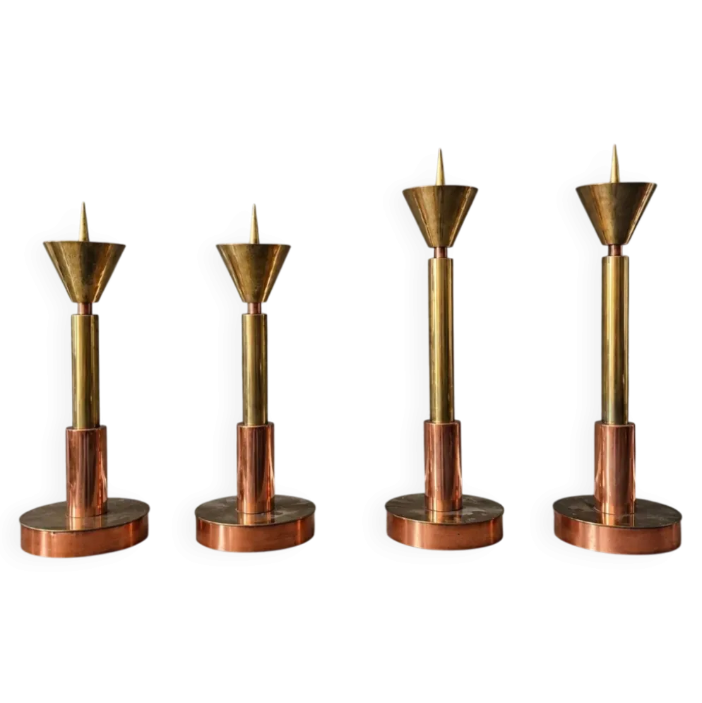 4 bougeoirs postmodernes cuivre et laiton, années 1970
