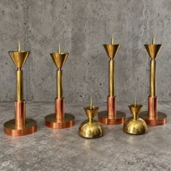 4 bougeoirs postmodernes cuivre et laiton, années 1970