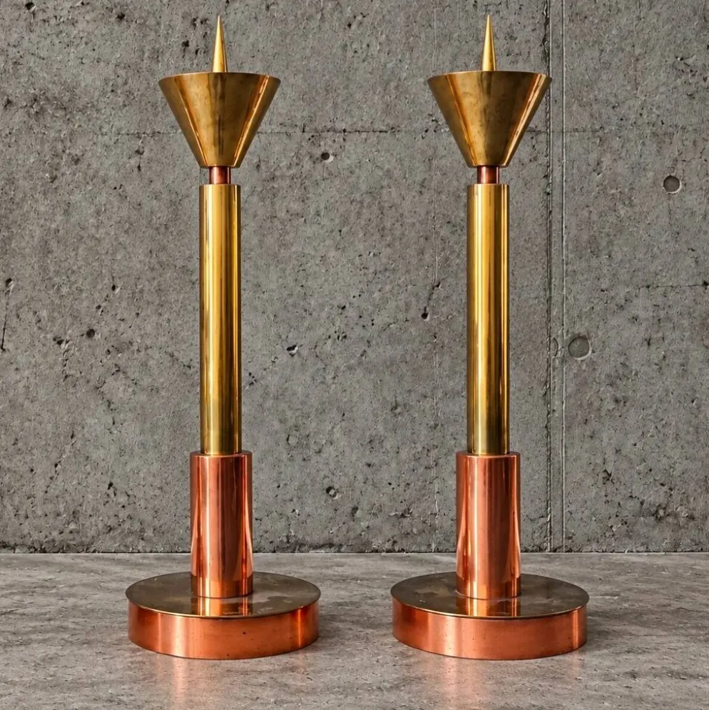4 bougeoirs postmodernes cuivre et laiton, années 1970