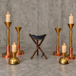 4 bougeoirs postmodernes cuivre et laiton, années 1970