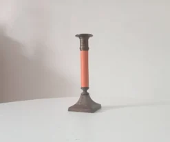 Bougeoir vintage en laiton massif doré et bois orangé