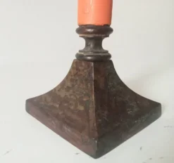 Bougeoir vintage en laiton massif doré et bois orangé