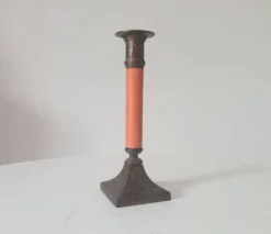 Bougeoir vintage en laiton massif doré et bois orangé