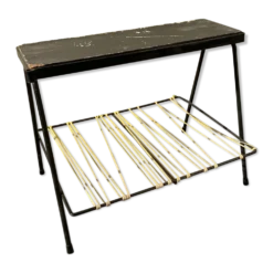 Bout de canapé vintage porte revue tablette bois scoubidou et support lampe