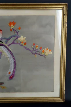 Broderie ancienne sous verre, Couple d'Oiseaux, Soie, Chine, Début XXe