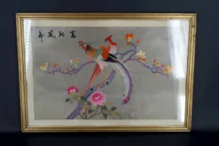 Broderie ancienne sous verre, Couple d'Oiseaux, Soie, Chine, Début XXe