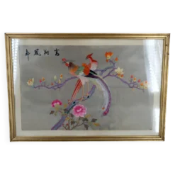 Broderie ancienne sous verre, Couple d'Oiseaux, Soie, Chine, Début XXe