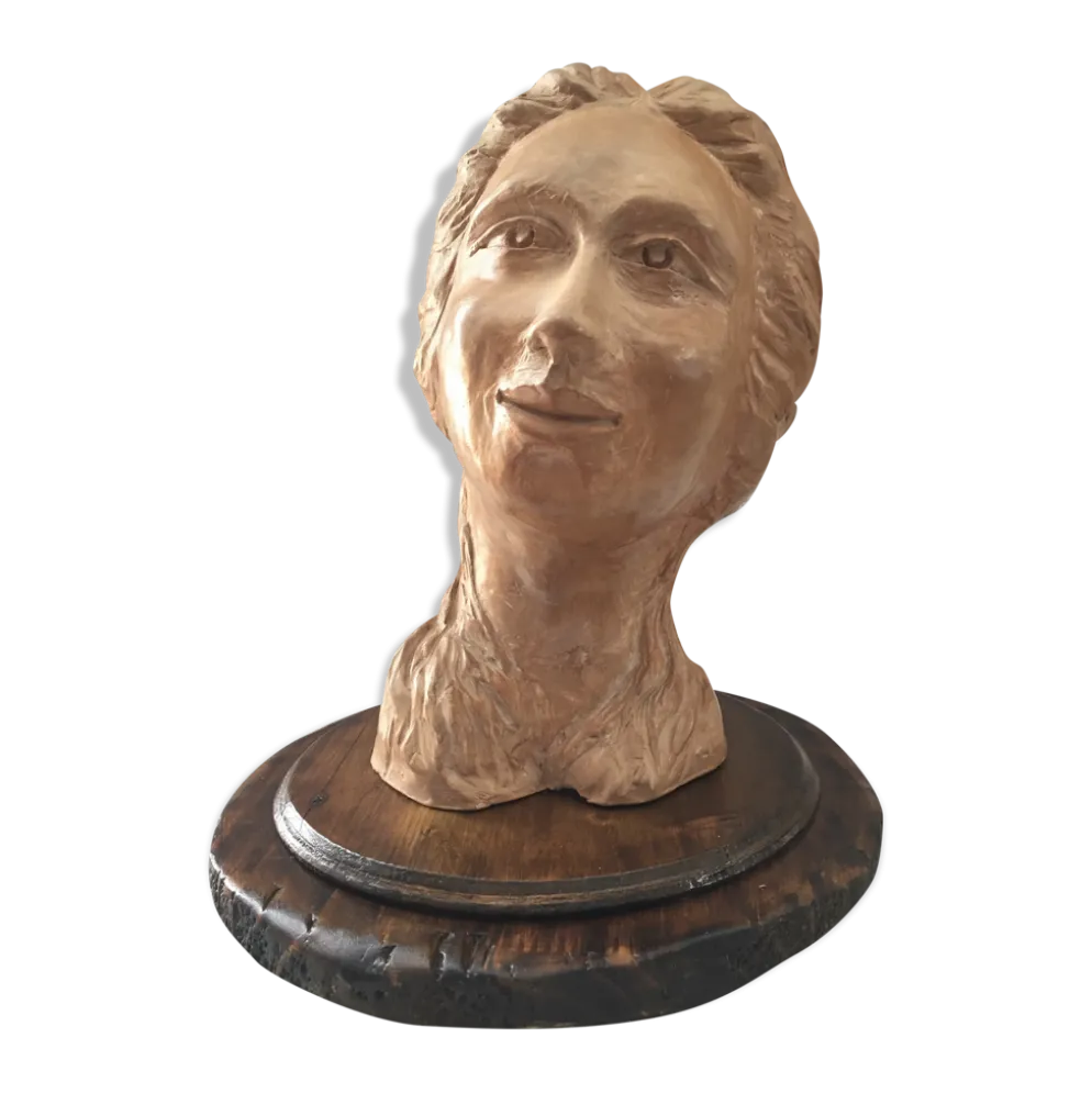Buste sculpture en terre crue d'atelier visage de femme art design 1950