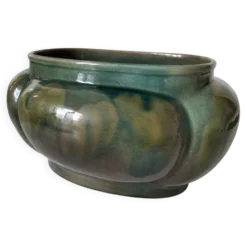 Cache-pot Art déco lobé en faïence émaillée vert turquoise