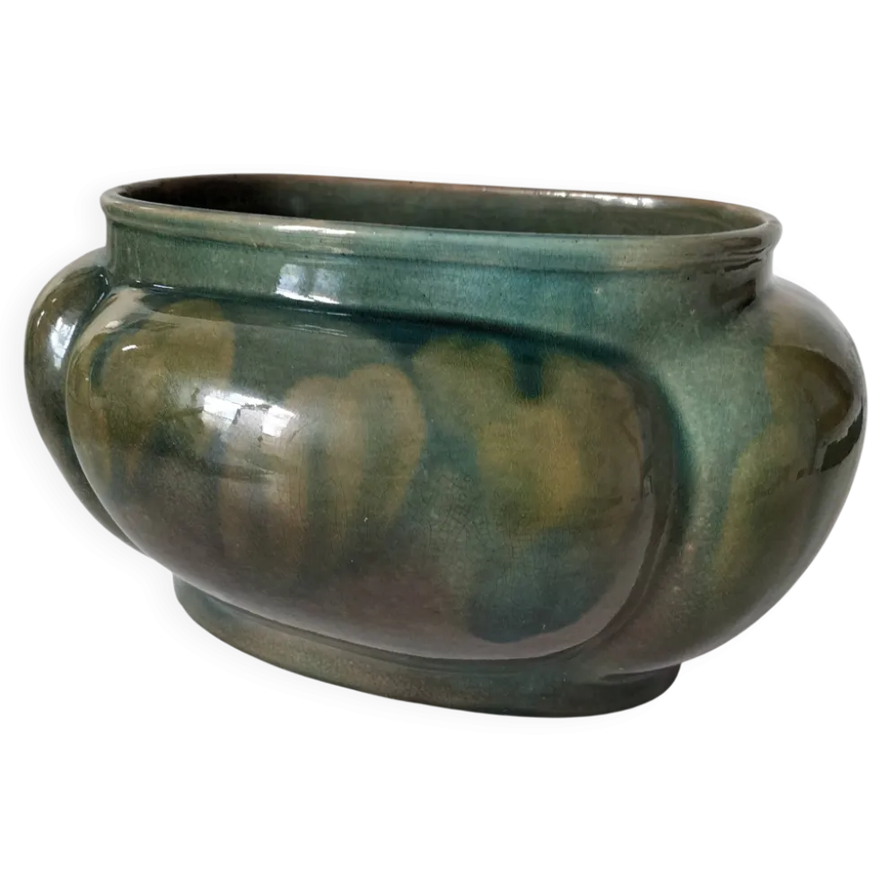 Cache-pot Art déco lobé en faïence émaillée vert turquoise