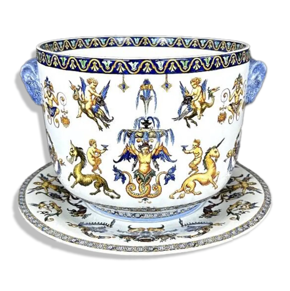 Cache-pot et son présentoir Gien, Collection Renaissance, XXe Siècle