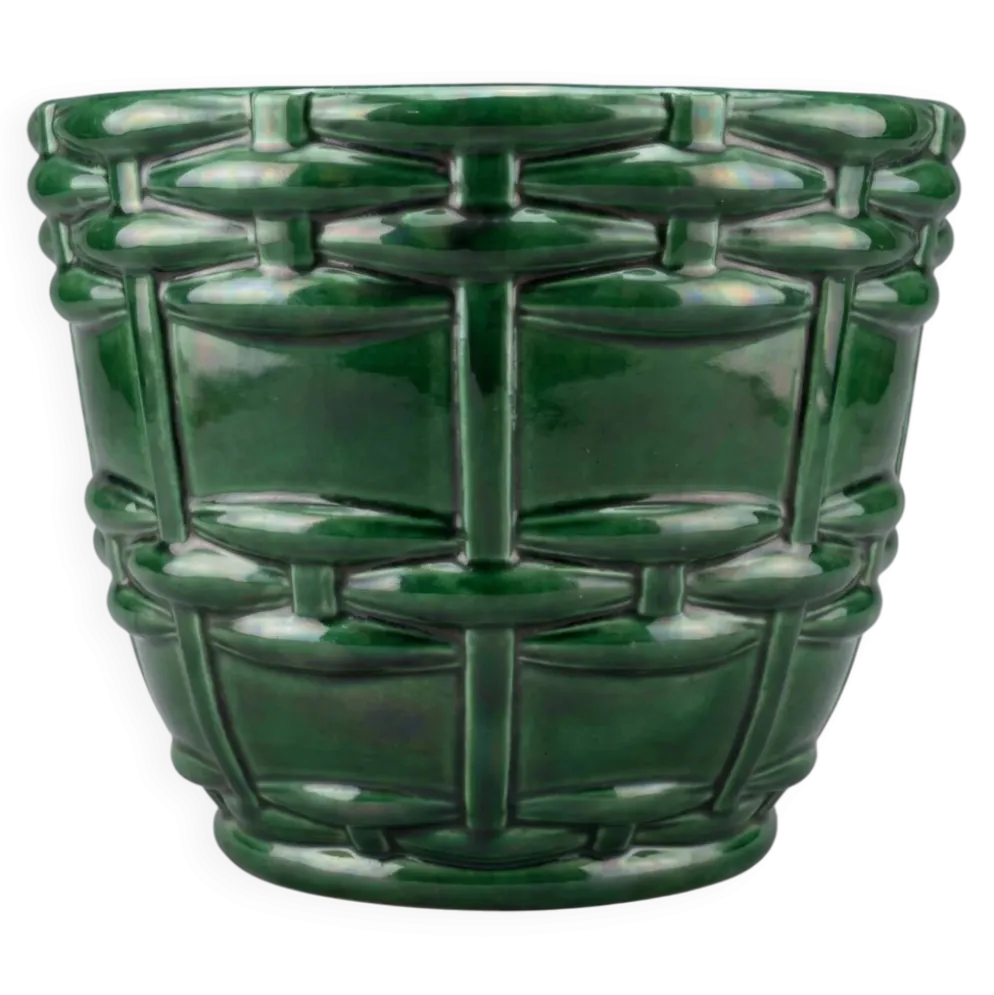 Cache-pot, jardinière Art Déco Saint-Clément signé Blanche Letalle en céramique émaillée vert malachite