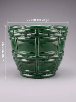 Cache-pot, jardinière Art Déco Saint-Clément signé Blanche Letalle en céramique émaillée vert malachite