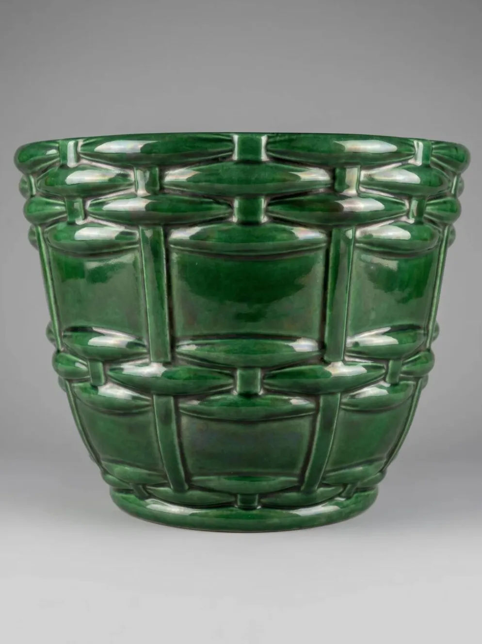 Cache-pot, jardinière Art Déco Saint-Clément signé Blanche Letalle en céramique émaillée vert malachite