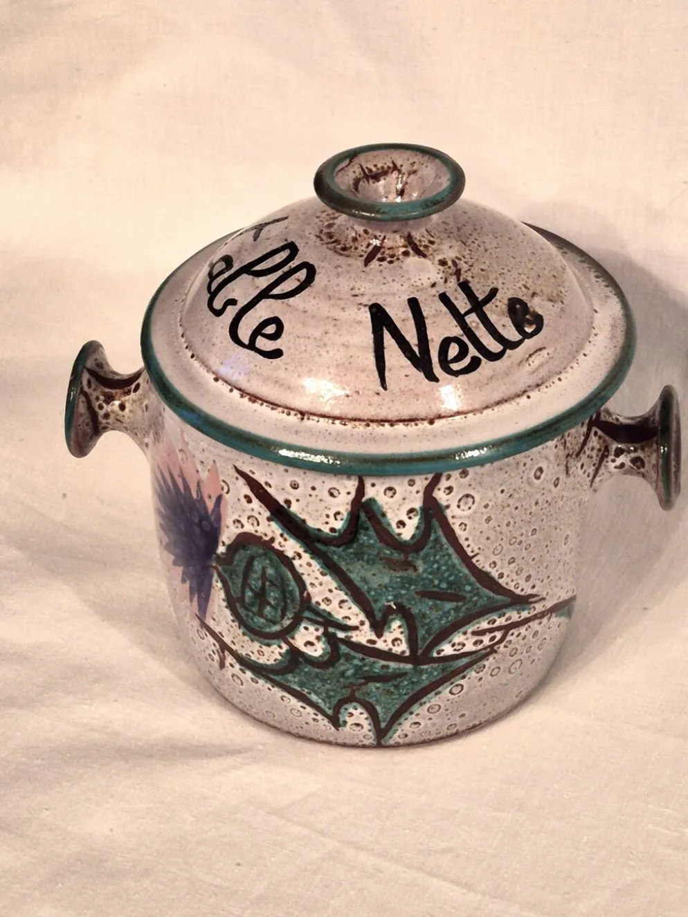 Cache-pot, Vase, Pot couvert, Vallauris motif « Aux Chardons » par E.Danie
