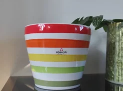 Cache-pot vintage céramique à rayures multicolores