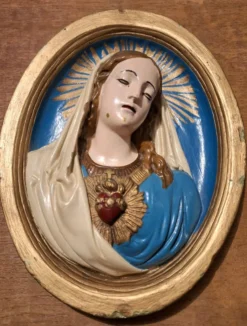 Cadre vintage de la Vierge en plâtre, tableau religieux ancien