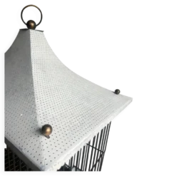 Cage à oiseaux style pagode, milieu du siècle, sur support — métal blanc et noir avec détails en laiton