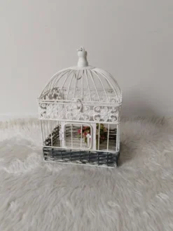 Cage pour déco en métal, patinée blanche et rotin