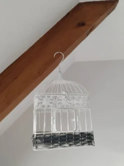 Cage pour déco en métal, patinée blanche et rotin