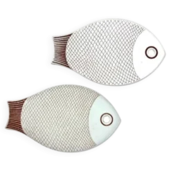 2 Carreaux de trivet vintage rétro d'Arabie Finlande avec motif de poisson, assiette de fromage, planche à découper des années 1950.