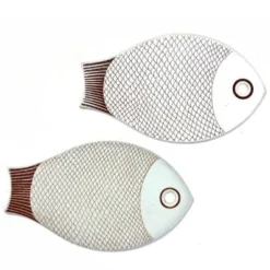 2 Carreaux de trivet vintage rétro d'Arabie Finlande avec motif de poisson, assiette de fromage, planche à découper des années 1950.