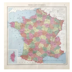 Carte ancienne France et ses départements en 1950 43x43cm