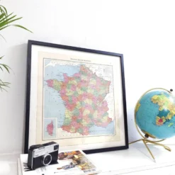Carte ancienne France et ses départements en 1950 43x43cm