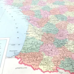Carte ancienne France et ses départements en 1950 43x43cm