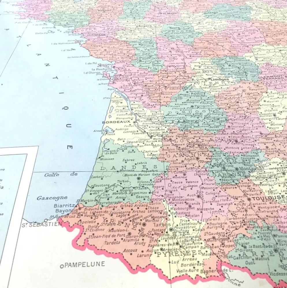 Carte ancienne France et ses départements en 1950 43x43cm