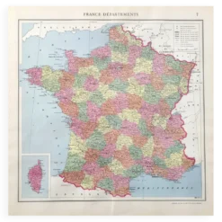 Carte ancienne France et ses départements en 1950 43x43cm