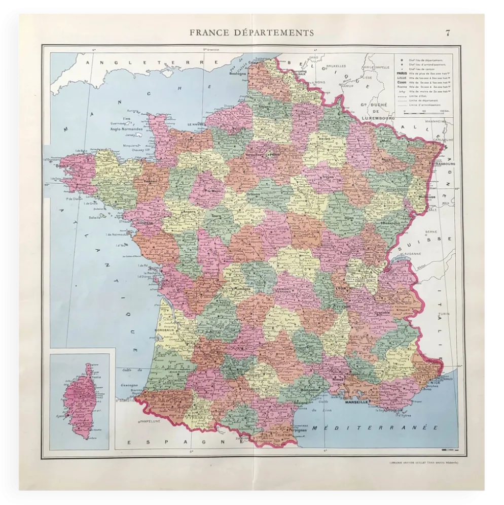 Carte ancienne France et ses départements en 1950 43x43cm