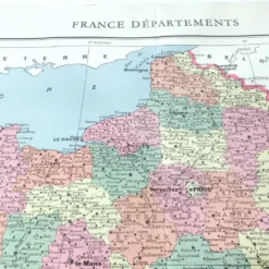 Carte ancienne France et ses départements en 1950 43x43cm