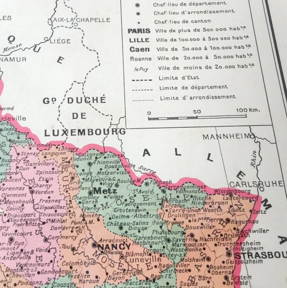 Carte ancienne France et ses départements en 1950 43x43cm