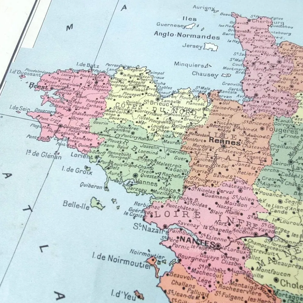 Carte ancienne France et ses départements en 1950 43x43cm
