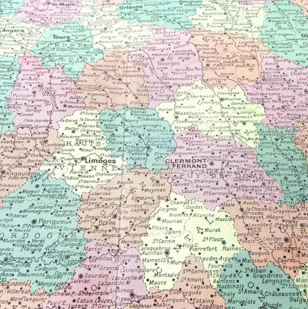 Carte ancienne France et ses départements en 1950 43x43cm