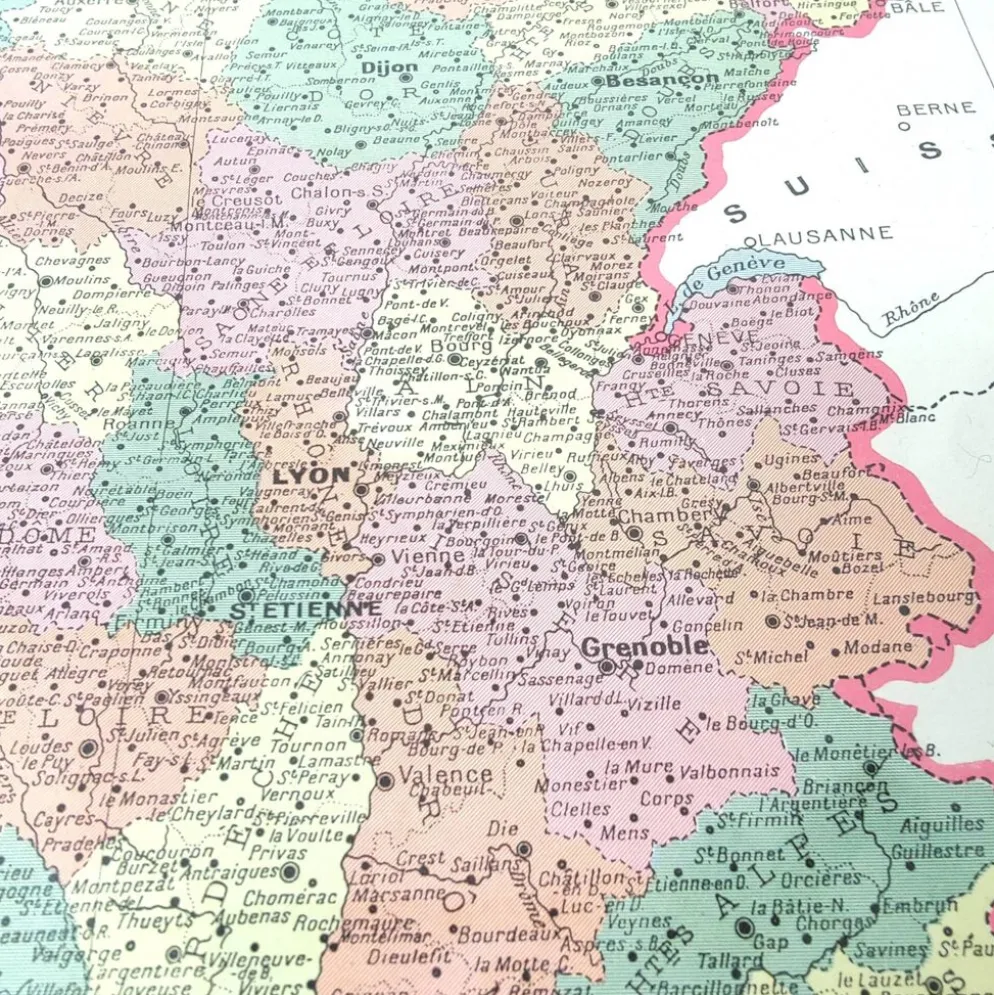 Carte ancienne France et ses départements en 1950 43x43cm