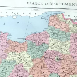 Carte ancienne France et ses départements en 1950 43x43cm