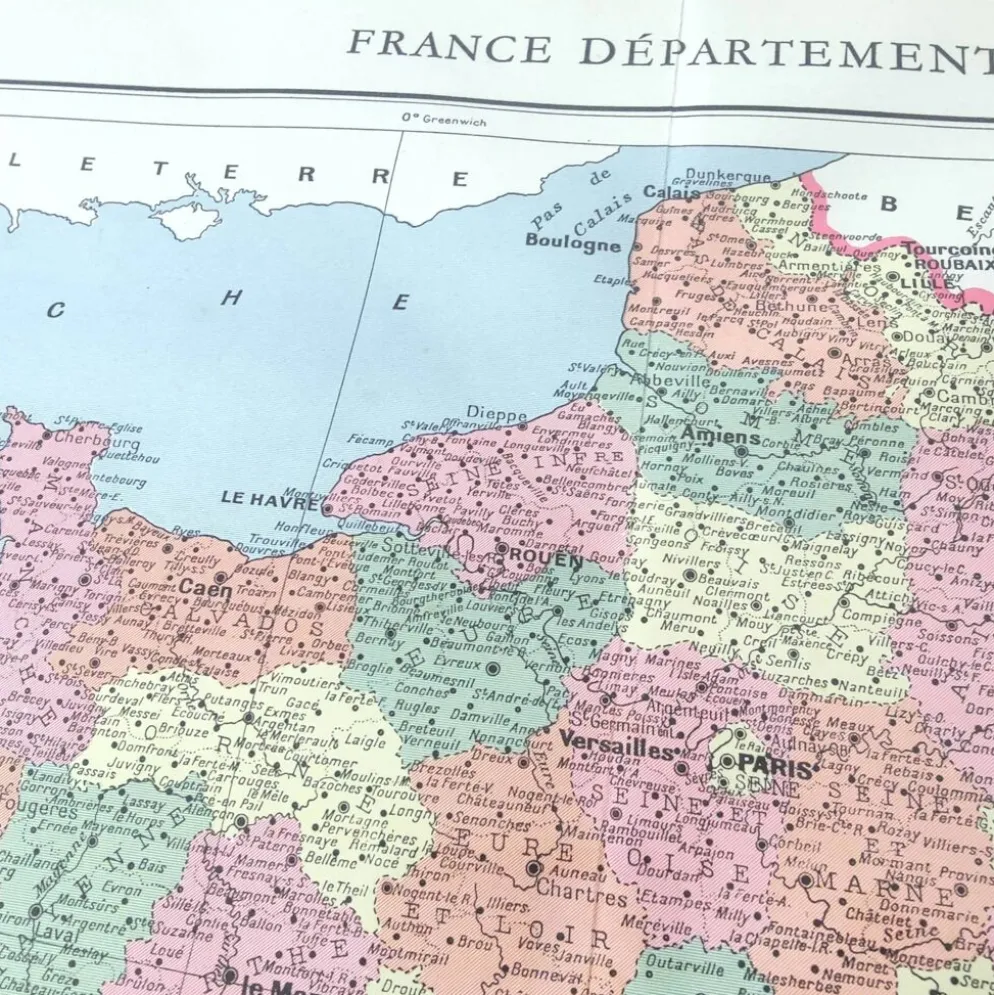 Carte ancienne France et ses départements en 1950 43x43cm
