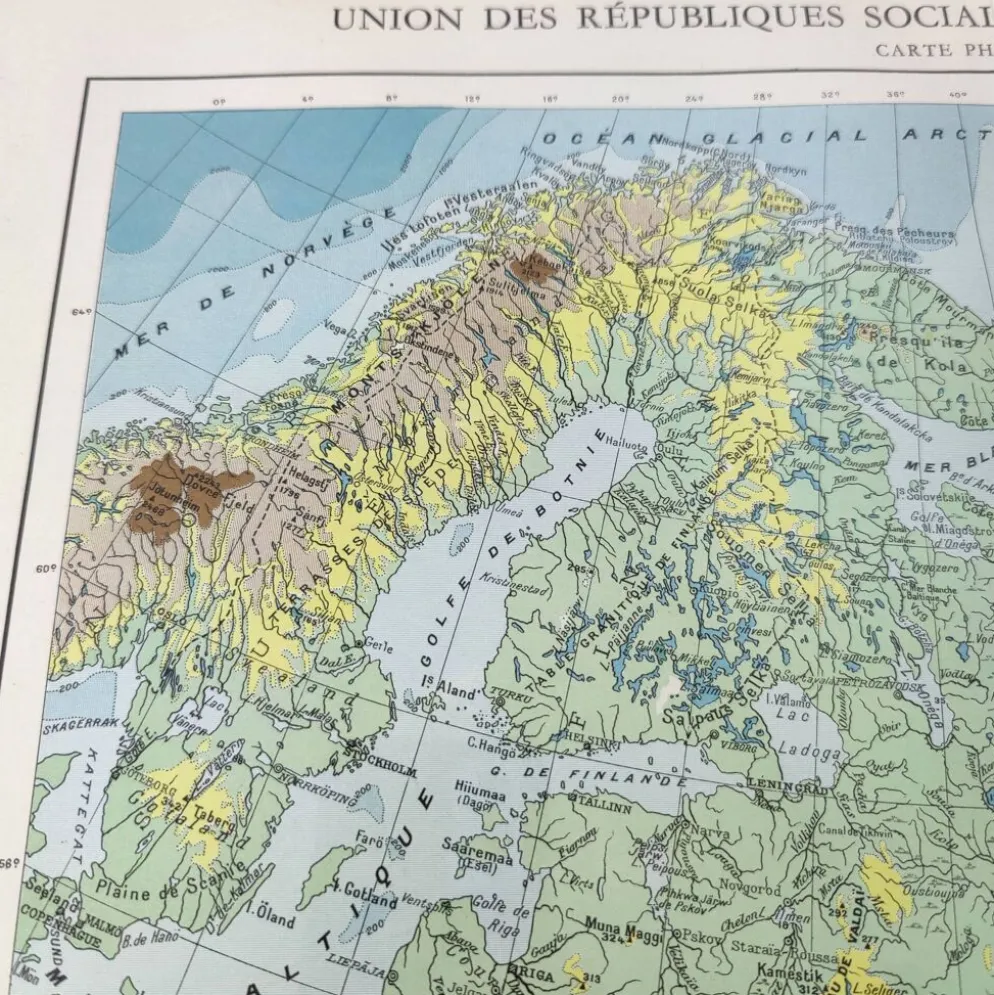Carte ancienne Urss et Finlande 43x43cm de 1950