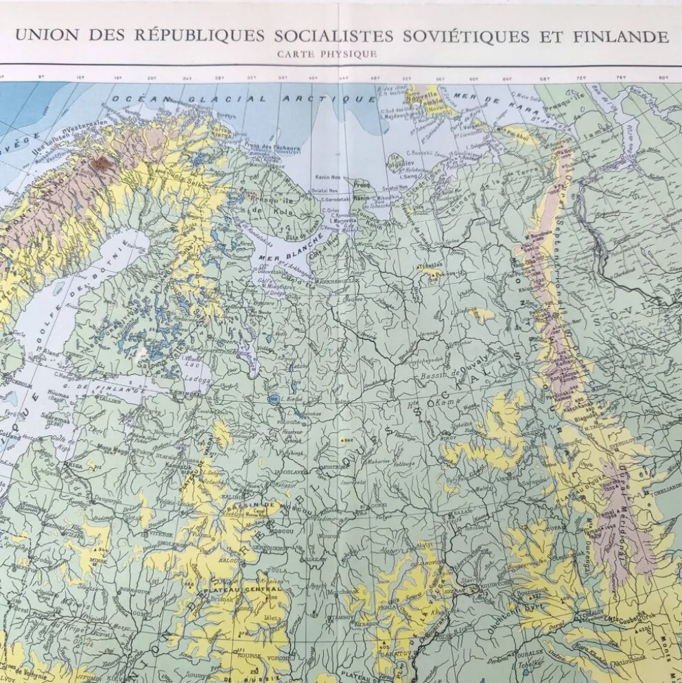 Carte ancienne Urss et Finlande 43x43cm de 1950