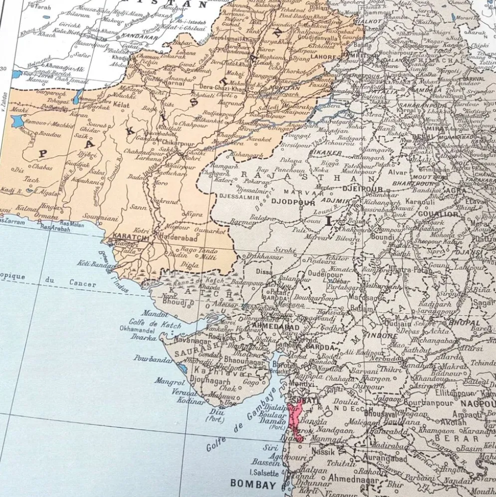 Carte de l’Inde vintage 43x43cm de 1950
