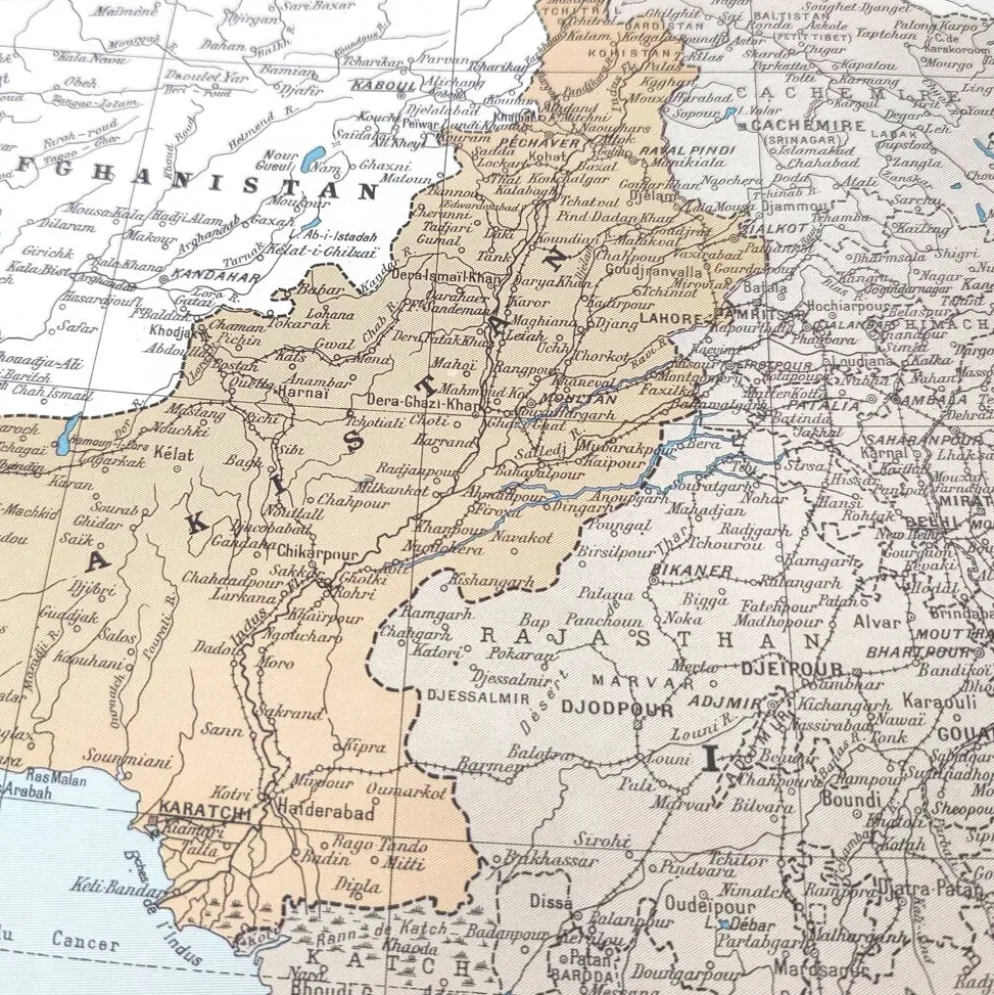 Carte de l’Inde vintage 43x43cm de 1950
