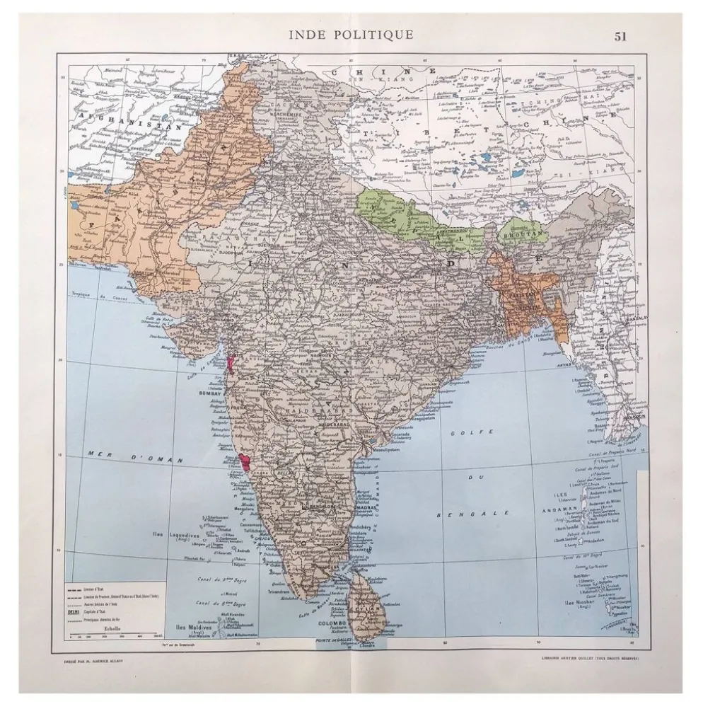 Carte de l’Inde vintage 43x43cm de 1950